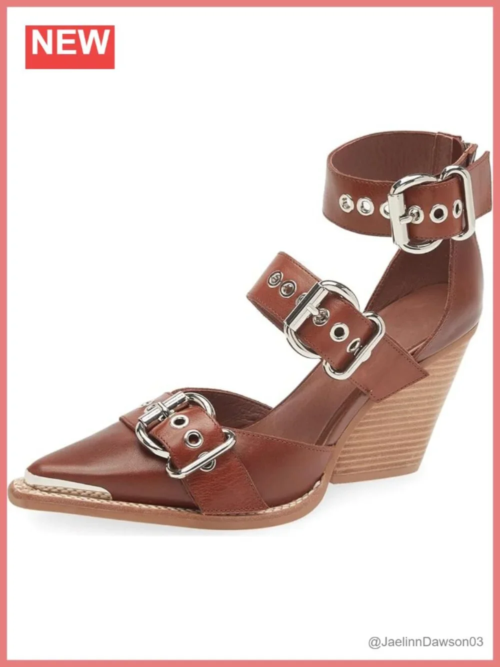 MAVMAX Chunky Heel PU Leather Western Strappy Pumps Pointed Toe Block Heel Shoes